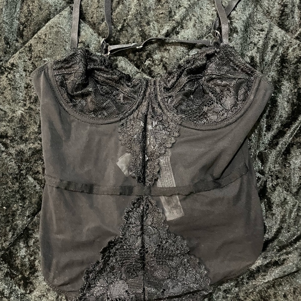 Forever 21 lace sheer bodysuit black strappy unlined bra lingerie
